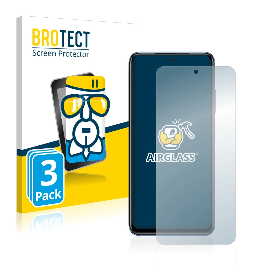 Face avant d’un emballage produit avec le logo de la marque BROTECT. À côté, l’appareil Xiaomi Poco M5s est représenté avec la