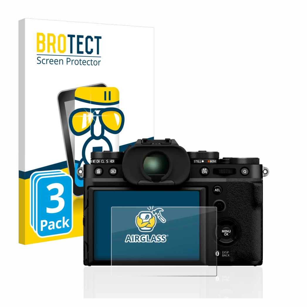 Face avant d’un emballage produit avec le logo de la marque BROTECT. À côté, l’appareil Fujifilm X-T5 est représenté avec la p