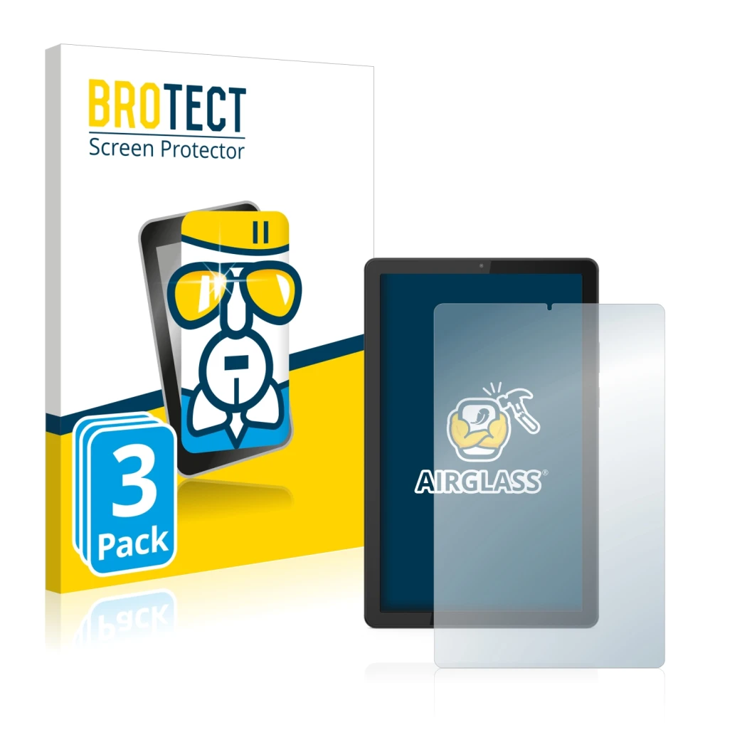 Face avant d’un emballage produit avec le logo de la marque BROTECT. À côté, l’appareil Lenovo Tab M9 est représenté avec la p