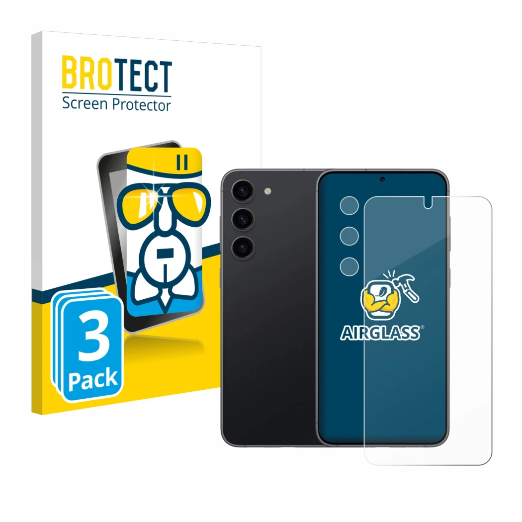 Face avant d’un emballage produit avec le logo de la marque BROTECT. À côté, l’appareil Samsung Galaxy S23 (Avant+Caméra) est 