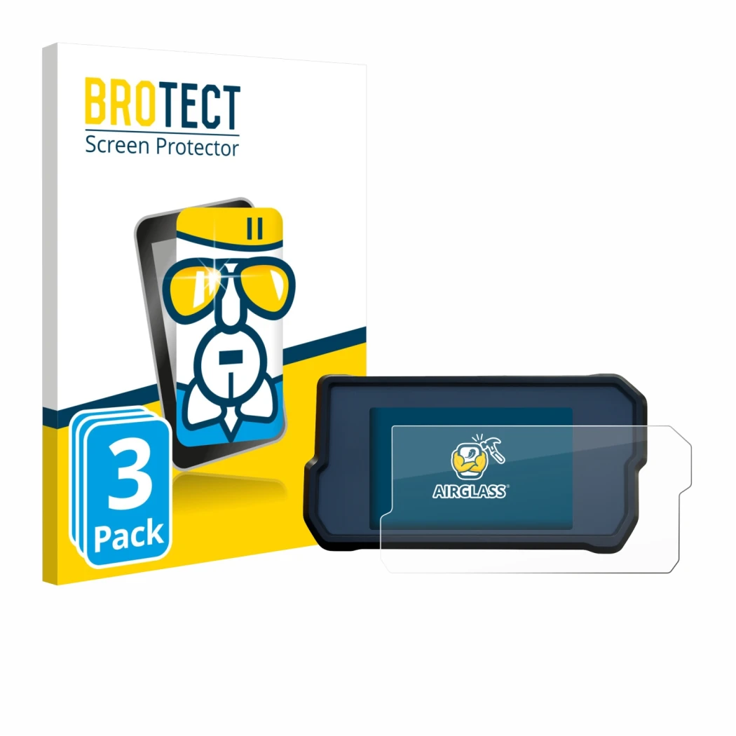 Face avant d’un emballage produit avec le logo de la marque BROTECT. À côté, l’appareil KTM 390 Duke 2019 est représenté avec 