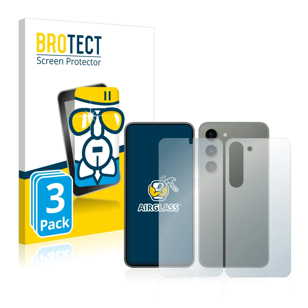 Face avant d’un emballage produit avec le logo de la marque BROTECT. À côté, l’appareil Samsung Galaxy S23 (Avant+Arrière) est