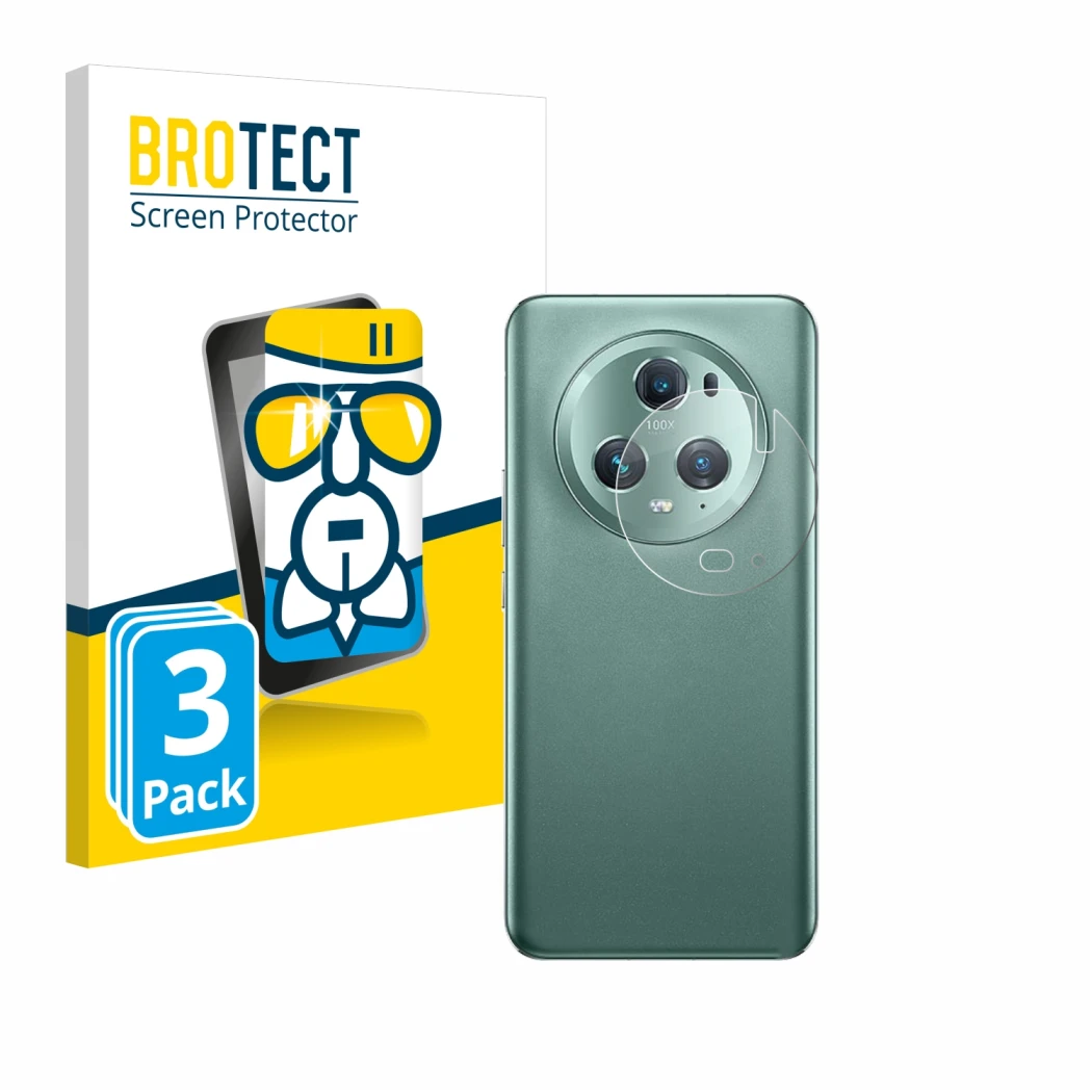 Face avant d’un emballage produit avec le logo de la marque BROTECT. À côté, l’appareil Honor Magic 5 Pro (Caméra UNIQUEMENT) 
