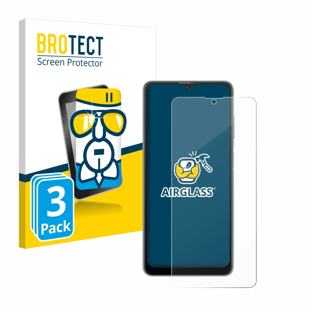 Face avant d’un emballage produit avec le logo de la marque BROTECT. À côté, l’appareil Blackview A53 est représenté avec la p