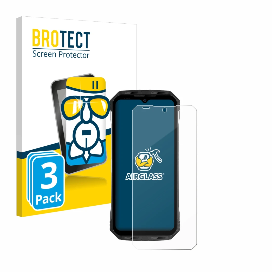 Face avant d’un emballage produit avec le logo de la marque BROTECT. À côté, l’appareil Doogee S100 est représenté avec la pro