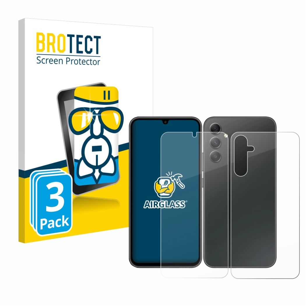 Face avant d’un emballage produit avec le logo de la marque BROTECT. À côté, l’appareil Samsung Galaxy A34 5G (Avant+Arrière) 