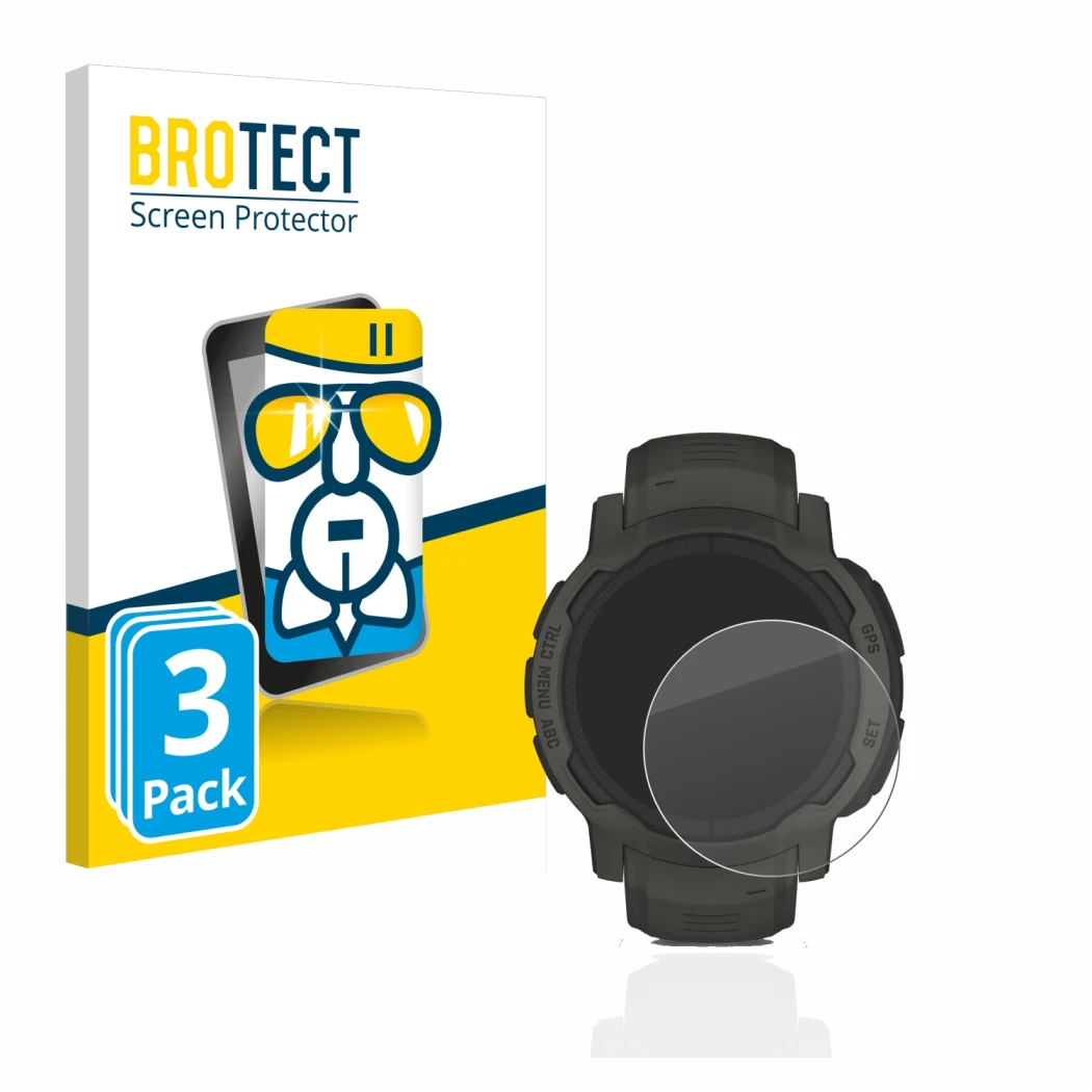 Face avant d’un emballage produit avec le logo de la marque BROTECT. À côté, l’appareil Garmin Instinct 2 Solar est représenté