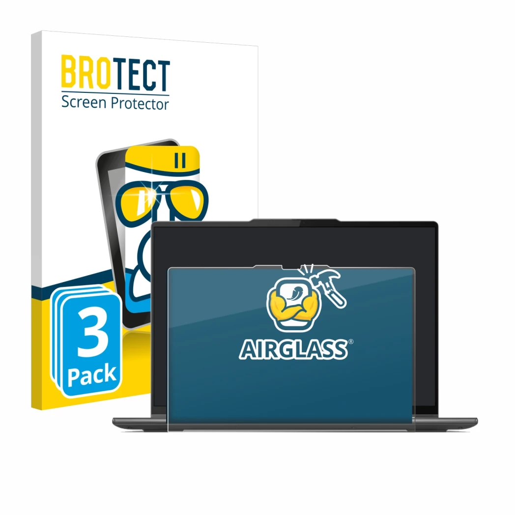 Face avant d’un emballage produit avec le logo de la marque BROTECT. À côté, l’appareil Lenovo Yoga 7 Gen 8 14