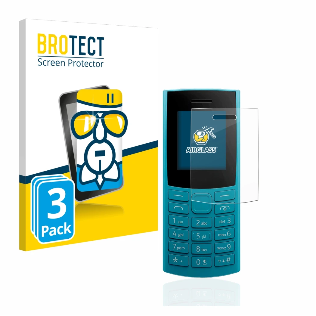 Face avant d’un emballage produit avec le logo de la marque BROTECT. À côté, l’appareil Nokia 105 4G (2023) est représenté ave