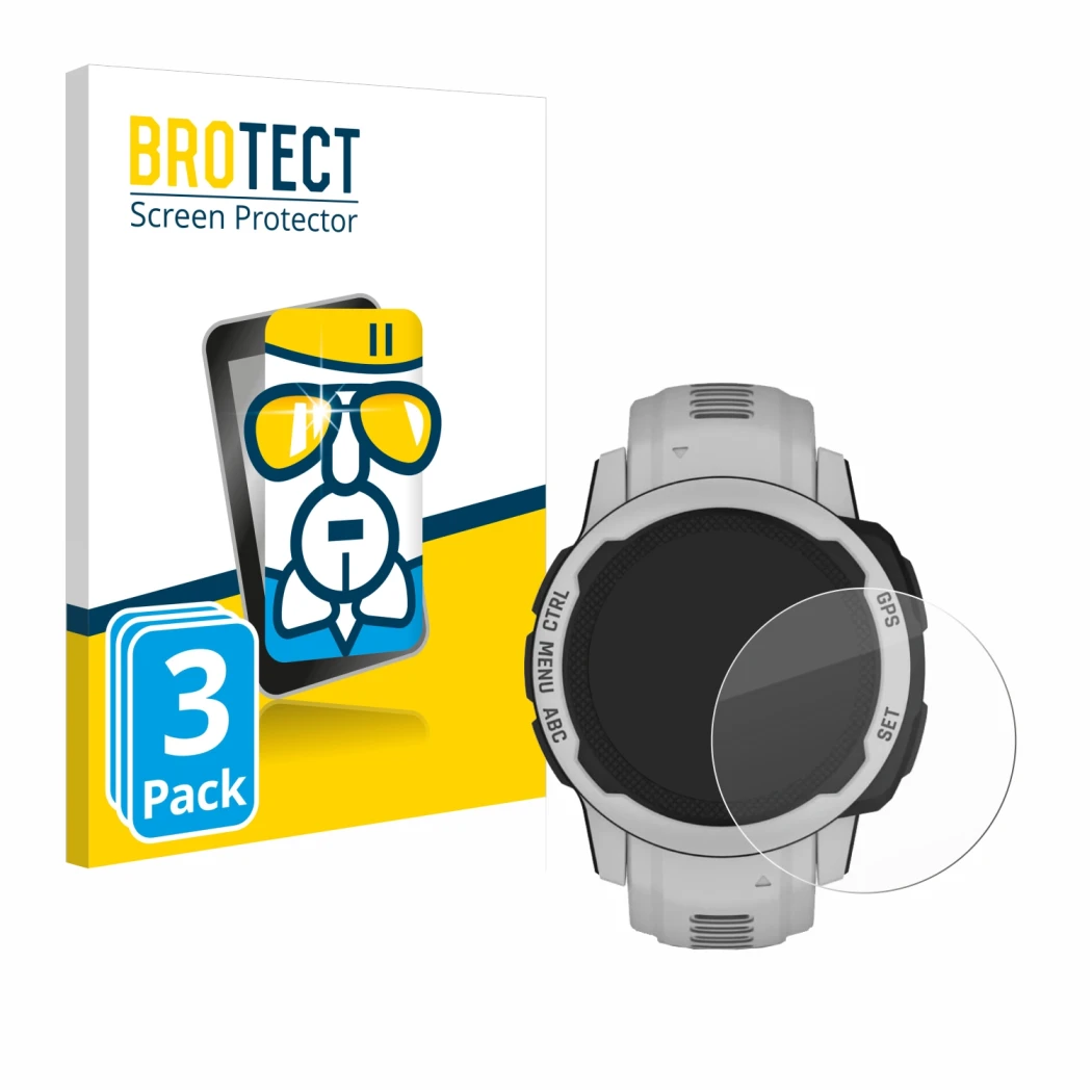 Face avant d’un emballage produit avec le logo de la marque BROTECT. À côté, l’appareil Garmin Instinct 2S Solar (40 mm) est r