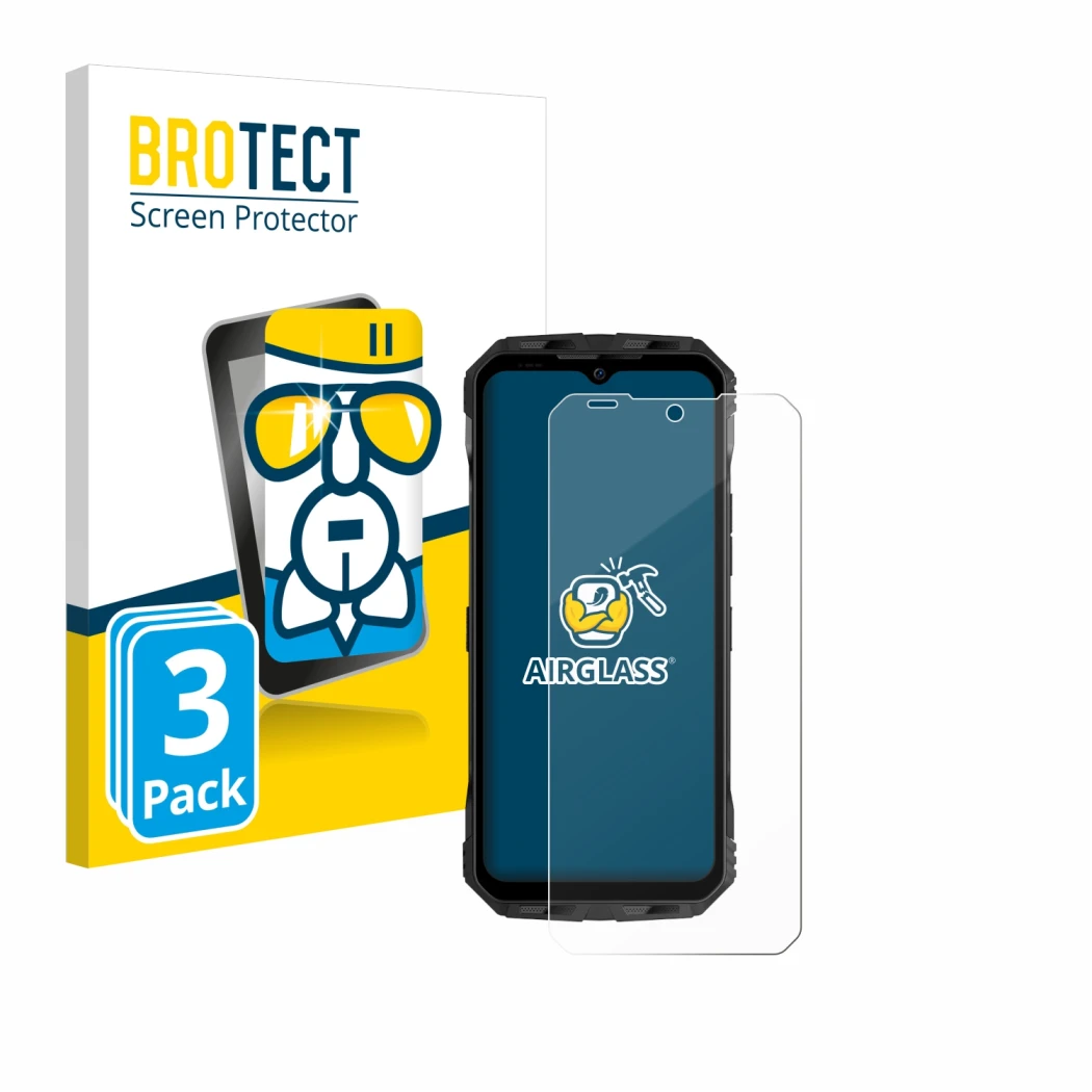 Face avant d’un emballage produit avec le logo de la marque BROTECT. À côté, l’appareil Doogee V30 est représenté avec la prot