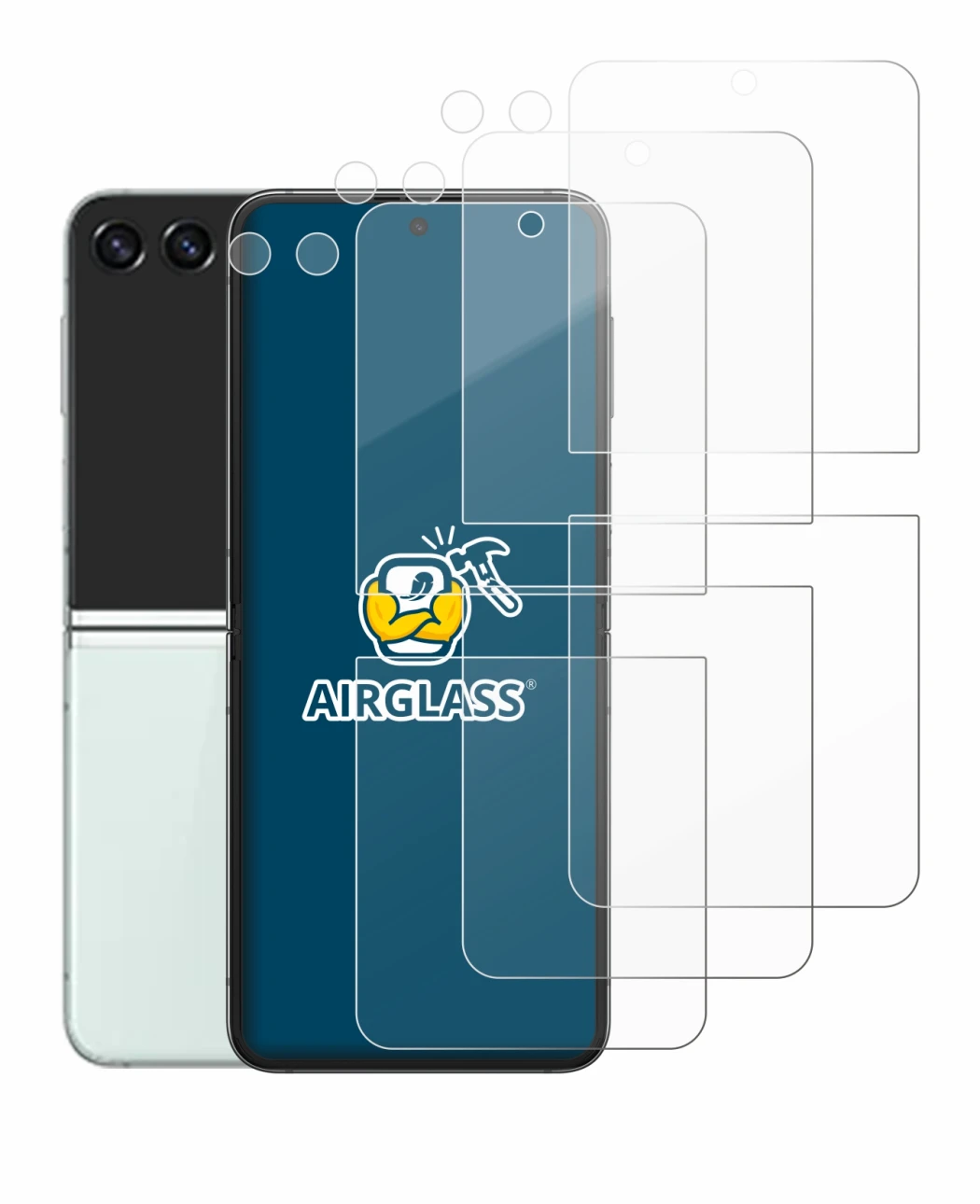 Image de l'appareil Samsung Galaxy Z Flip 5 (Avant+Caméra) avec une grande variété de protections d'écran.