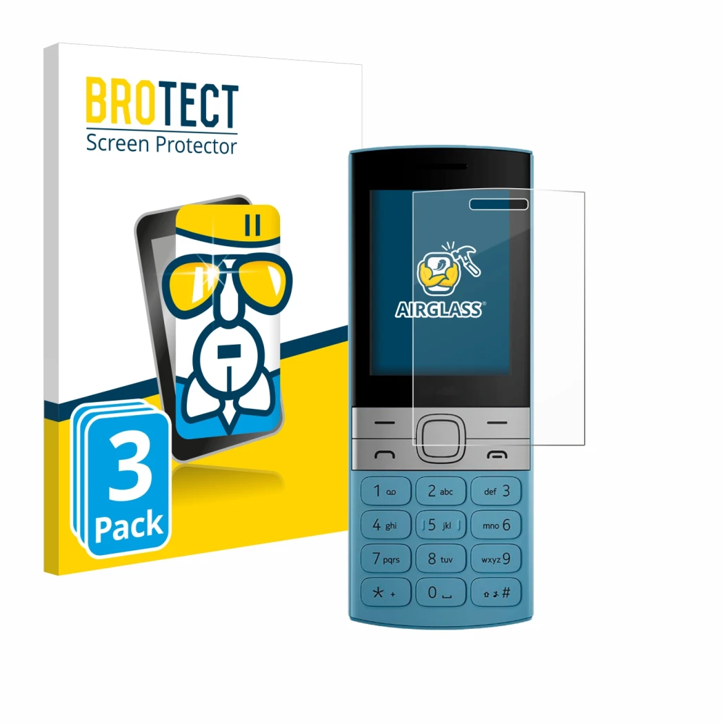 Face avant d’un emballage produit avec le logo de la marque BROTECT. À côté, l’appareil Nokia 150 (2023) est représenté avec l