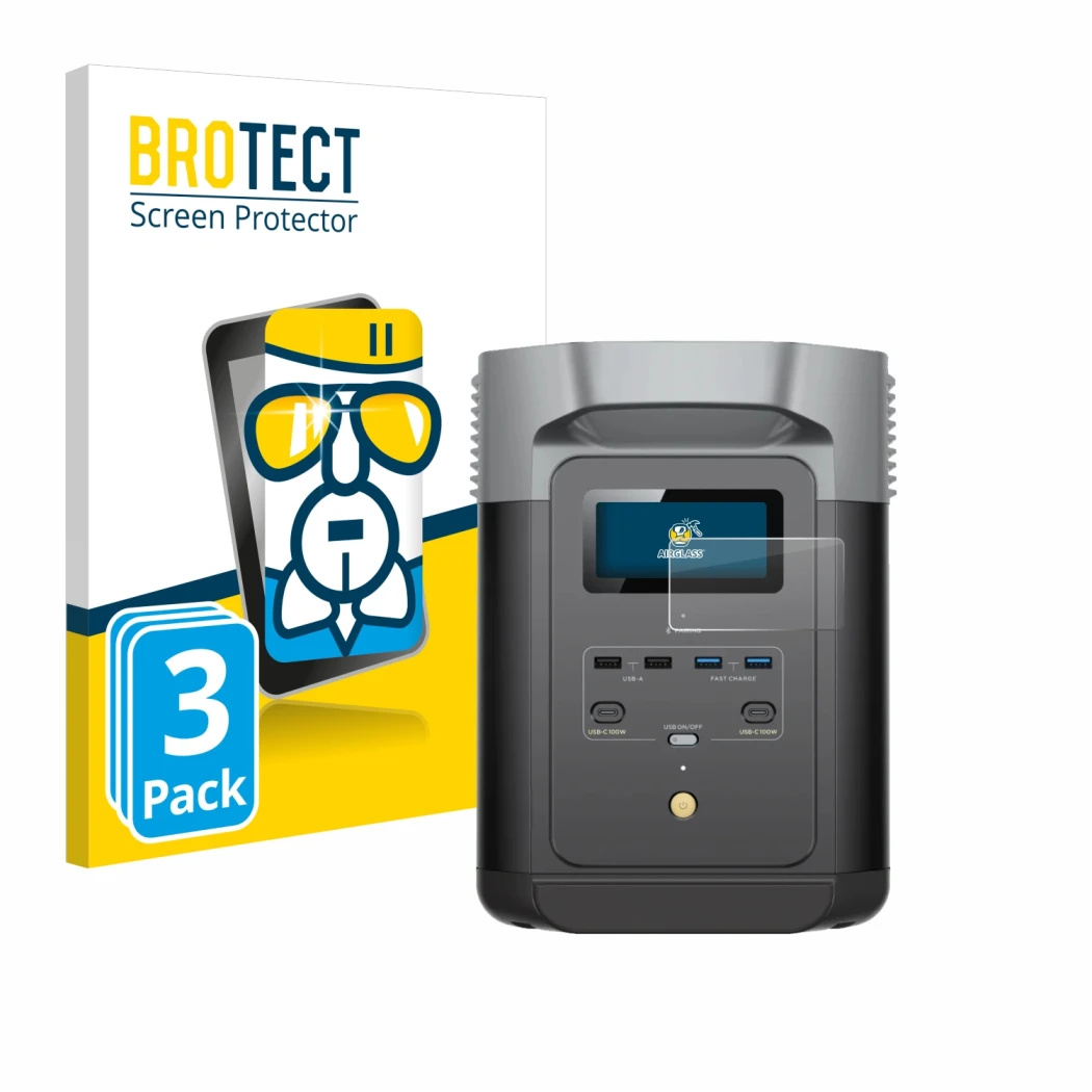 Face avant d’un emballage produit avec le logo de la marque BROTECT. À côté, l’appareil EcoFlow DELTA 2 est représenté avec la