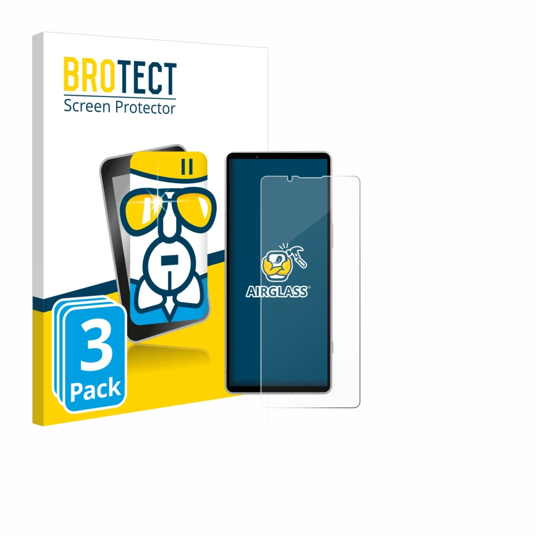 Face avant d’un emballage produit avec le logo de la marque BROTECT. À côté, l’appareil Sony Xperia 5 V est représenté avec la