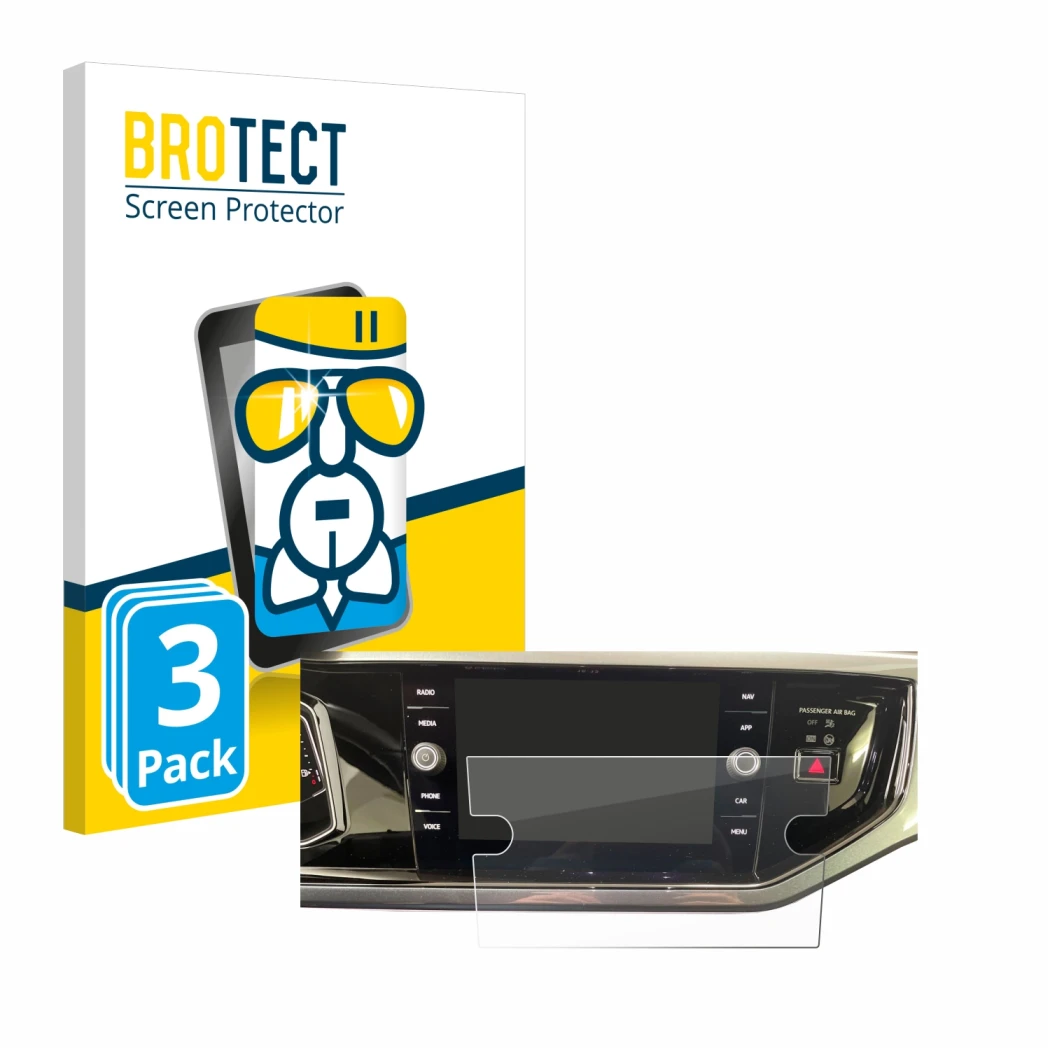 Face avant d’un emballage produit avec le logo de la marque BROTECT. À côté, l’appareil Volkswagen Polo VI Ready 2 Discover 8