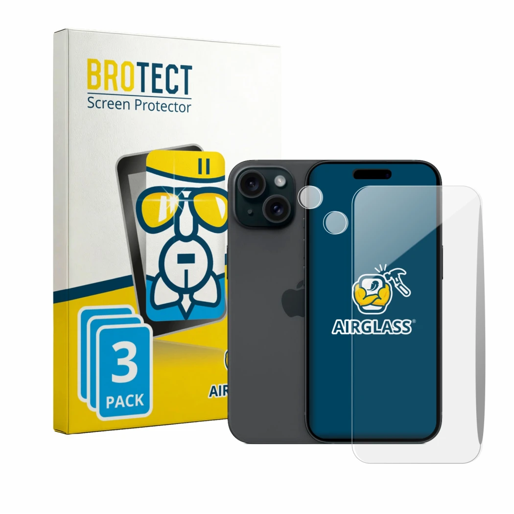 Face avant d’un emballage produit avec le logo de la marque BROTECT. À côté, l’appareil Apple iPhone 15 (Avant+Caméra) est rep