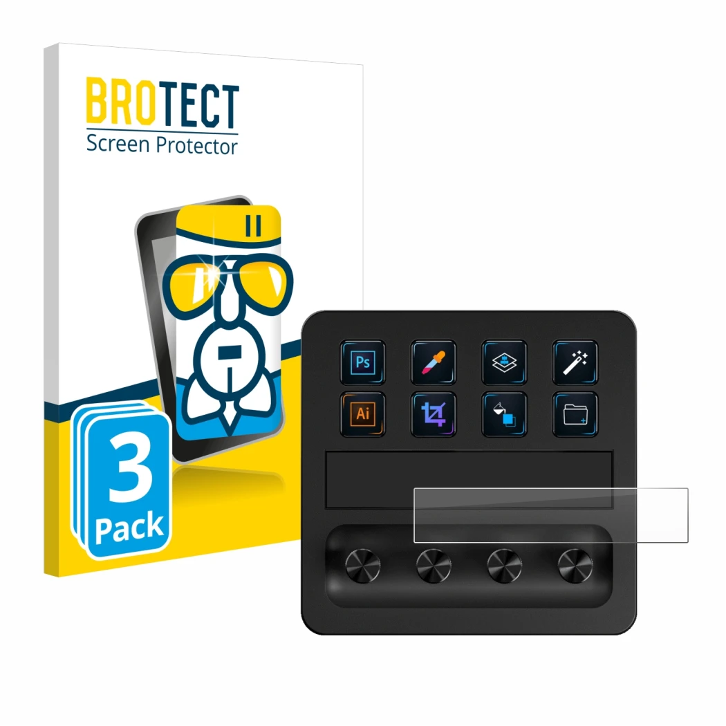 Face avant d’un emballage produit avec le logo de la marque BROTECT. À côté, l’appareil Elgato Stream Deck + est représenté av