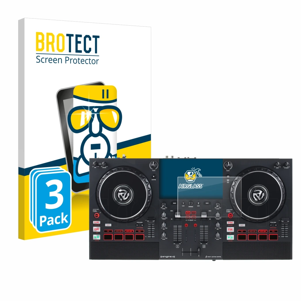 Face avant d’un emballage produit avec le logo de la marque BROTECT. À côté, l’appareil Numark Mixstream Pro+ est représenté a