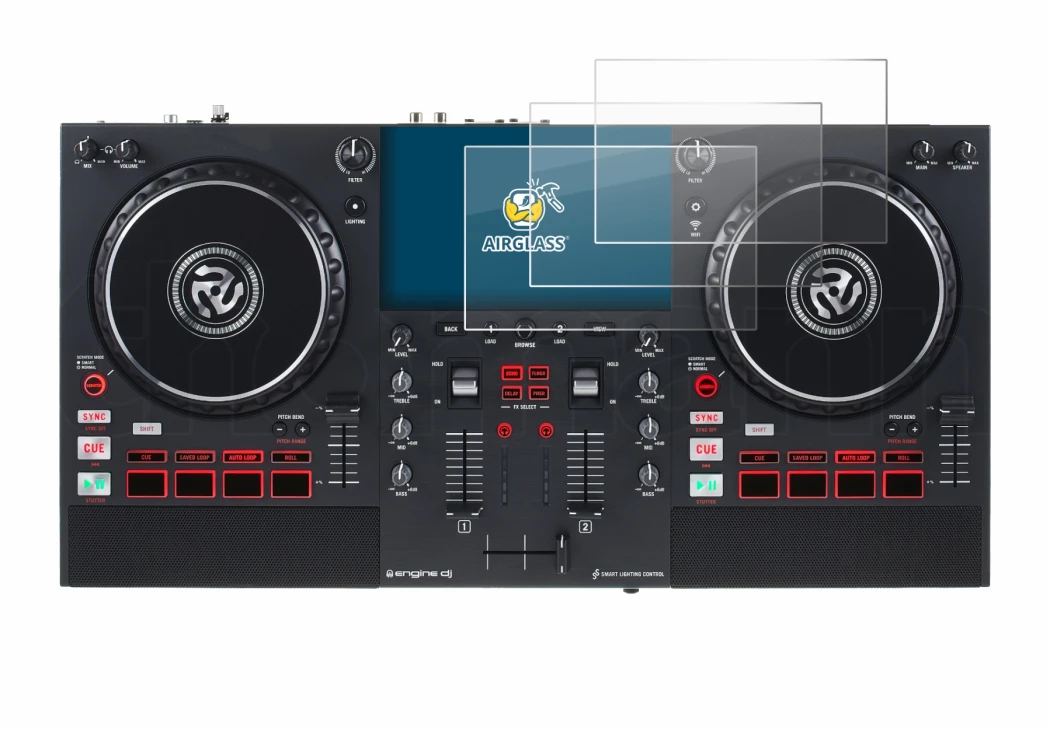 Image de l'appareil Numark Mixstream Pro+ avec une grande variété de protections d'écran.