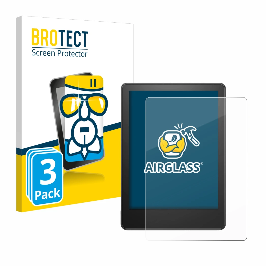 Face avant d’un emballage produit avec le logo de la marque BROTECT. À côté, l’appareil Amazon Kindle Paperwhite 2023 (11ème G