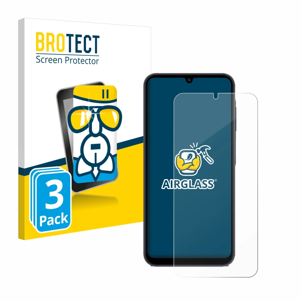 Face avant d’un emballage produit avec le logo de la marque BROTECT. À côté, l’appareil Samsung Galaxy A25 5G est représenté a