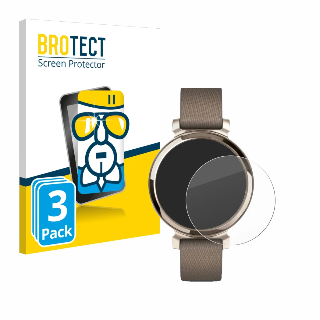 Face avant d’un emballage produit avec le logo de la marque BROTECT. À côté, l’appareil Garmin Lily 2 est représenté avec la p