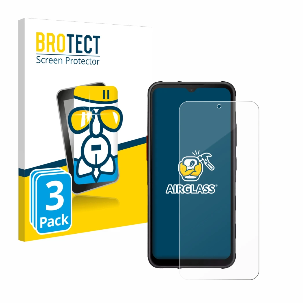 Face avant d’un emballage produit avec le logo de la marque BROTECT. À côté, l’appareil Samsung Galaxy XCover 7 est représenté