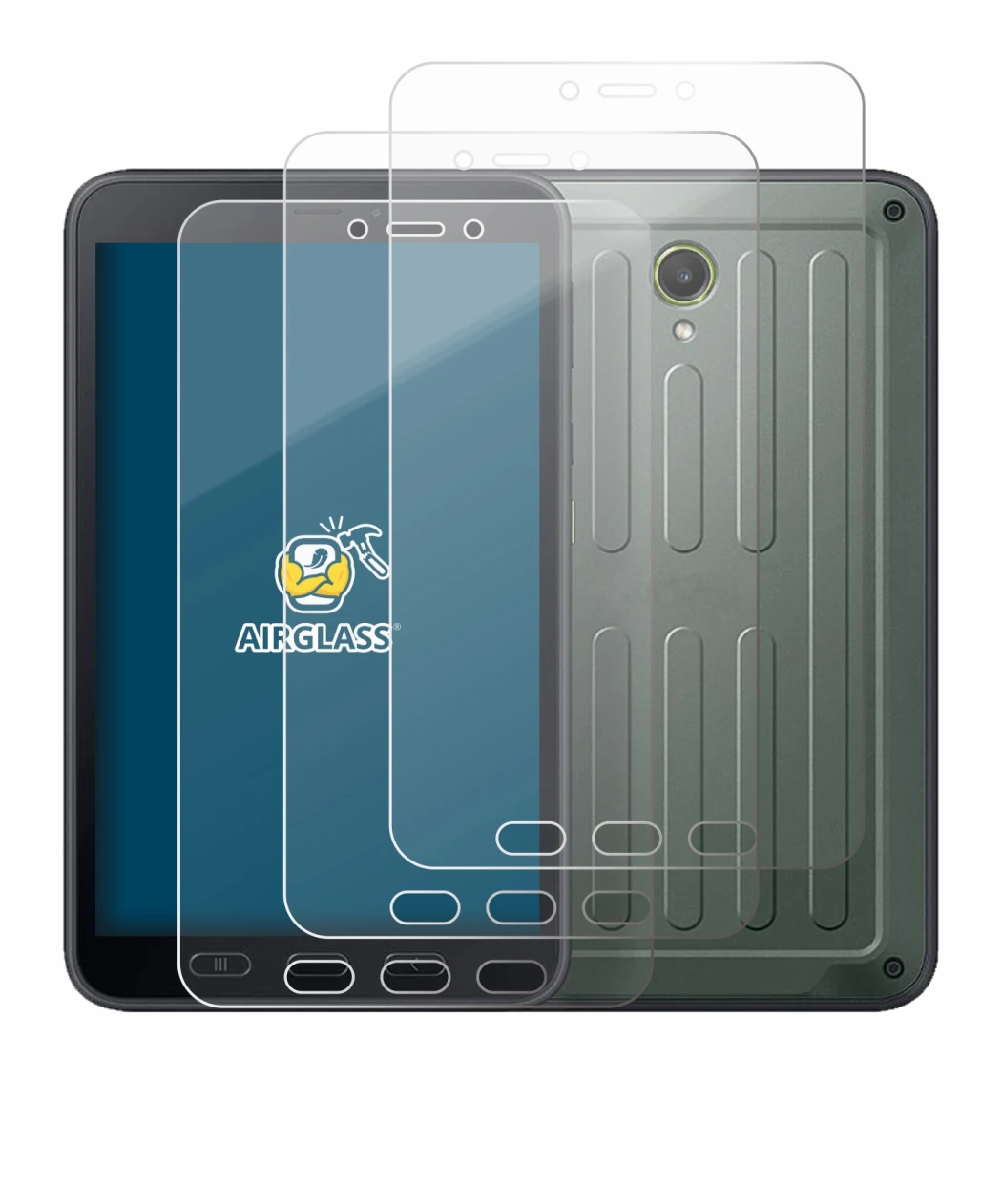 Image de l'appareil Samsung Galaxy Tab Active 5 (portrait) avec une grande variété de protections d'écran.