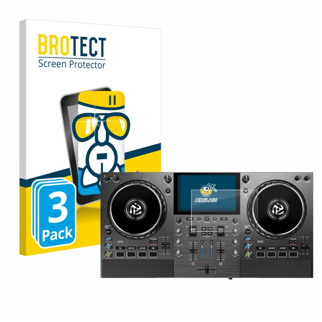 Face avant d’un emballage produit avec le logo de la marque BROTECT. À côté, l’appareil Numark Mixstream Pro Go est représenté