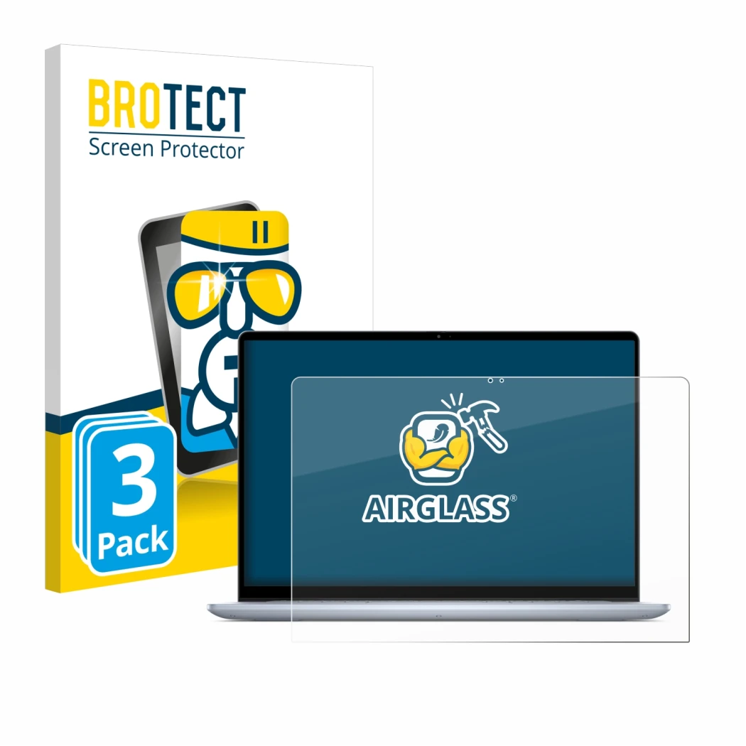 Face avant d’un emballage produit avec le logo de la marque BROTECT. À côté, l’appareil Dell Inspiron 16 7640 2-in-1 est repré