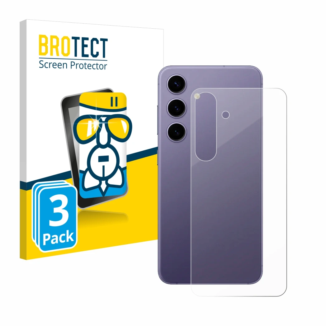 Face avant d’un emballage produit avec le logo de la marque BROTECT. À côté, l’appareil Samsung Galaxy S24 (Arrière) est repré