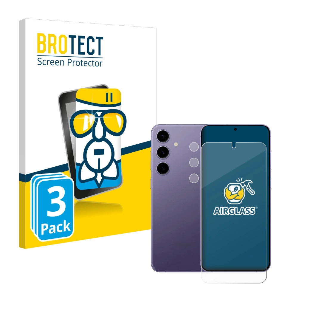 Face avant d’un emballage produit avec le logo de la marque BROTECT. À côté, l’appareil Samsung Galaxy S24 Plus (Avant+Caméra)