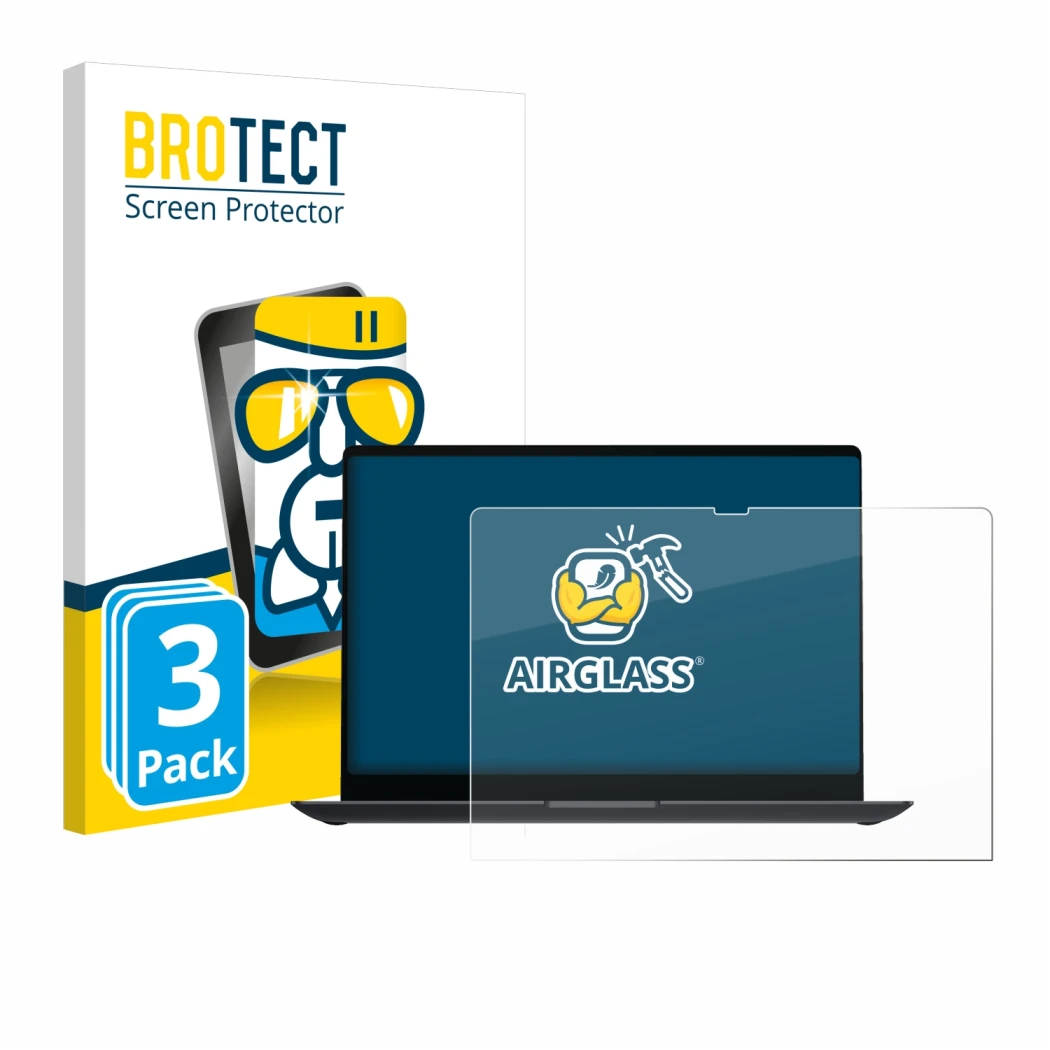 Face avant d’un emballage produit avec le logo de la marque BROTECT. À côté, l’appareil Samsung Galaxy Book4 Ultra 16