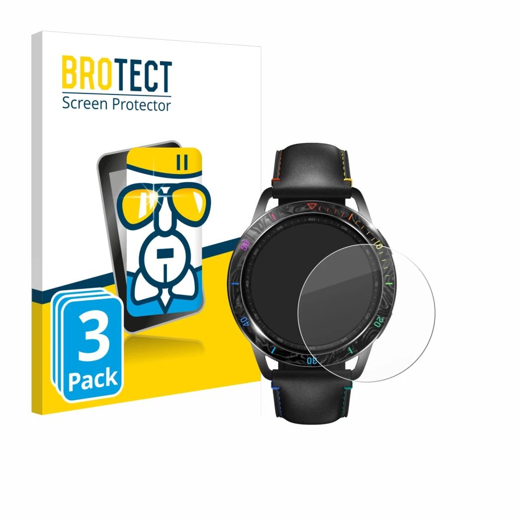 Face avant d’un emballage produit avec le logo de la marque BROTECT. À côté, l’appareil Xiaomi Watch S3 est représenté avec la