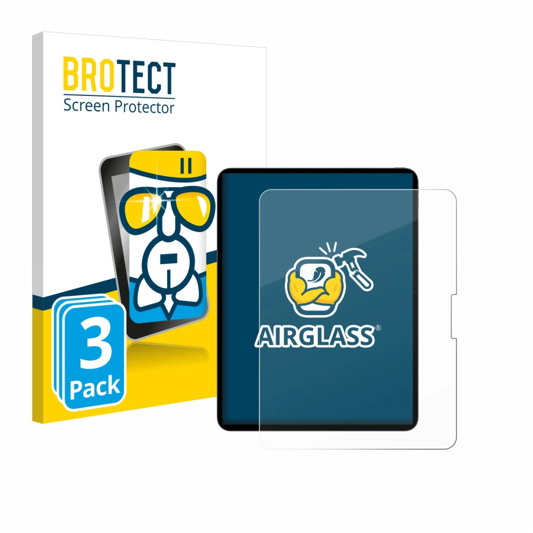 Face avant d’un emballage produit avec le logo de la marque BROTECT. À côté, l’appareil Apple iPad Pro 13