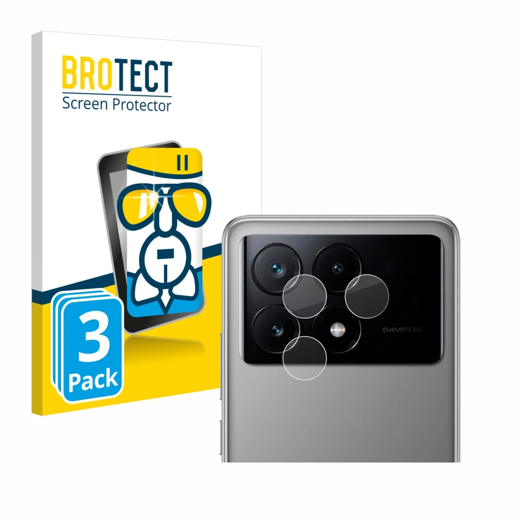 Face avant d’un emballage produit avec le logo de la marque BROTECT. À côté, l’appareil Xiaomi Poco X6 Pro (Caméra UNIQUEMENT)