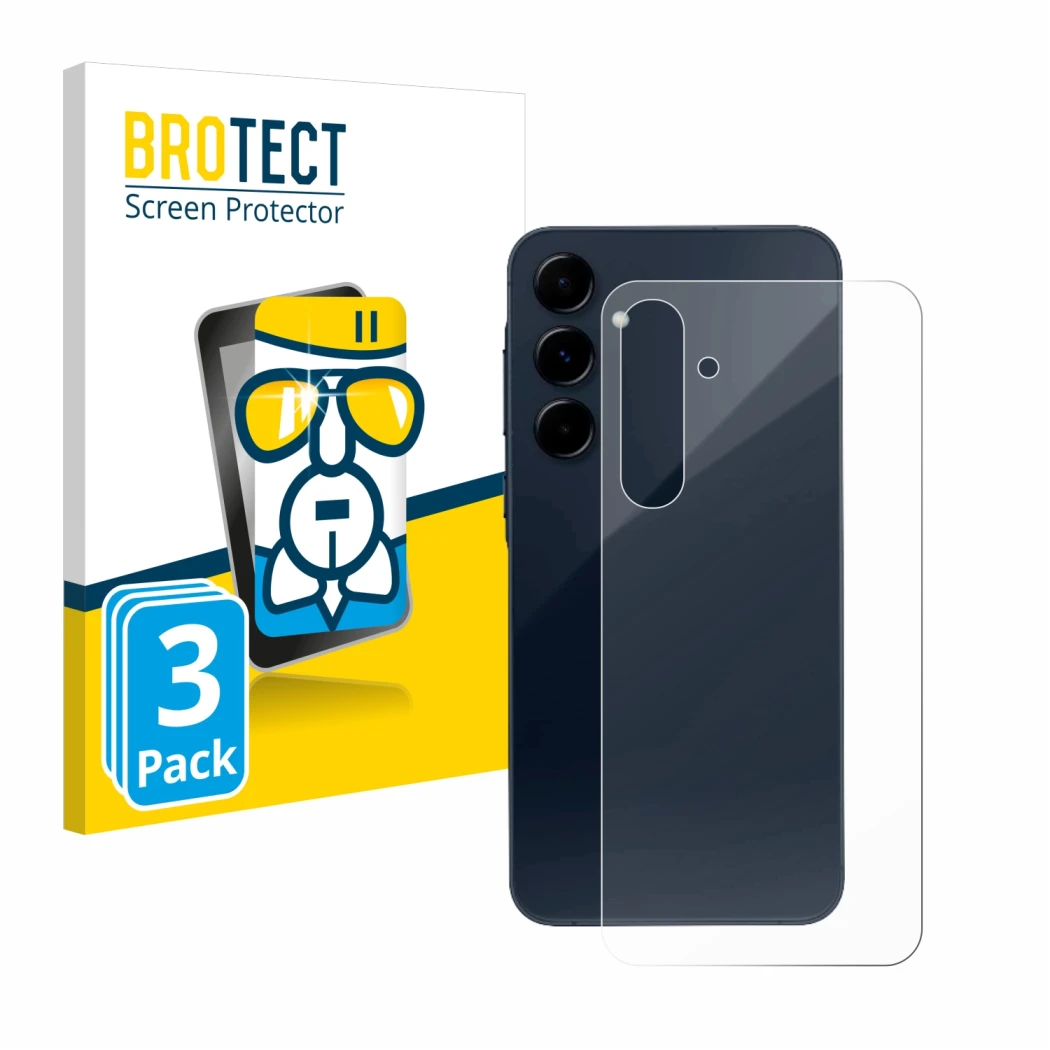 Face avant d’un emballage produit avec le logo de la marque BROTECT. À côté, l’appareil Samsung Galaxy A35 5G (Arrière) est re