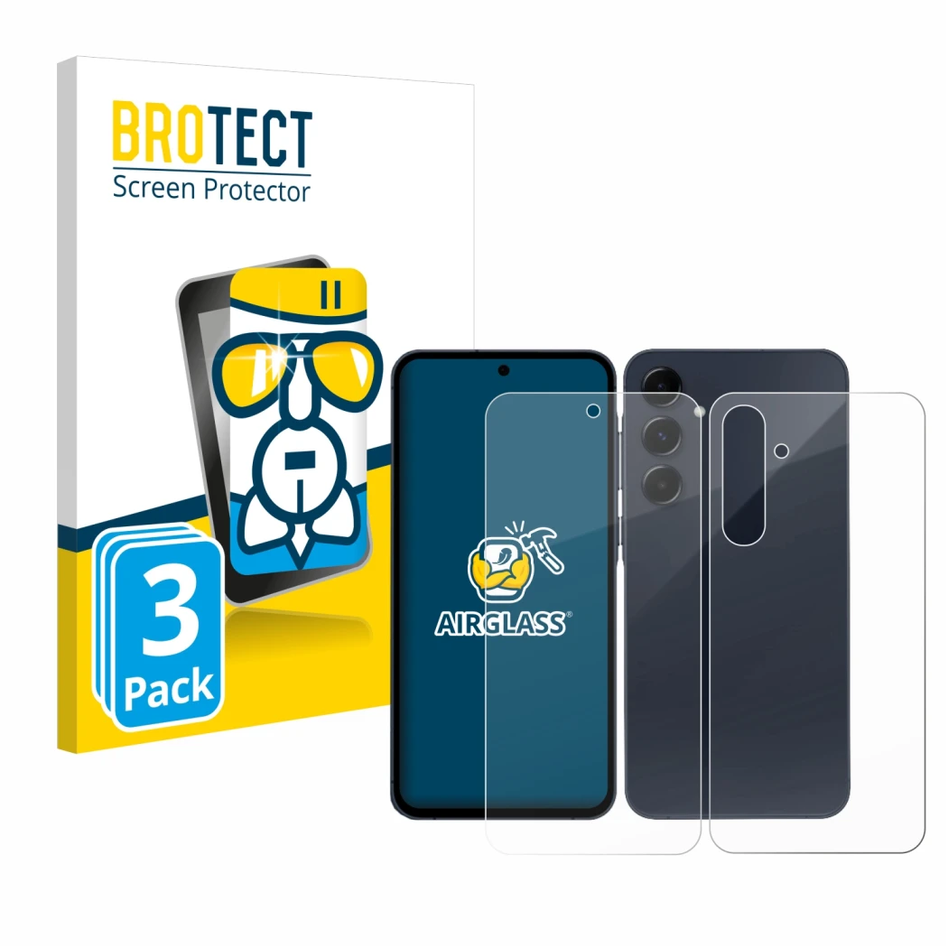 Face avant d’un emballage produit avec le logo de la marque BROTECT. À côté, l’appareil Samsung Galaxy A35 5G (Avant+Arrière) 