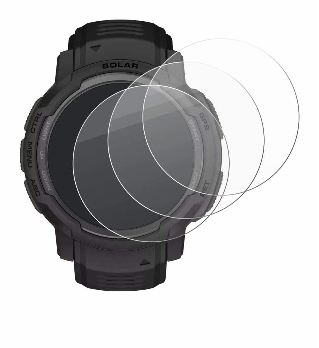 Image de l'appareil Garmin Instinct Crossover Solar avec une grande variété de protections d'écran.