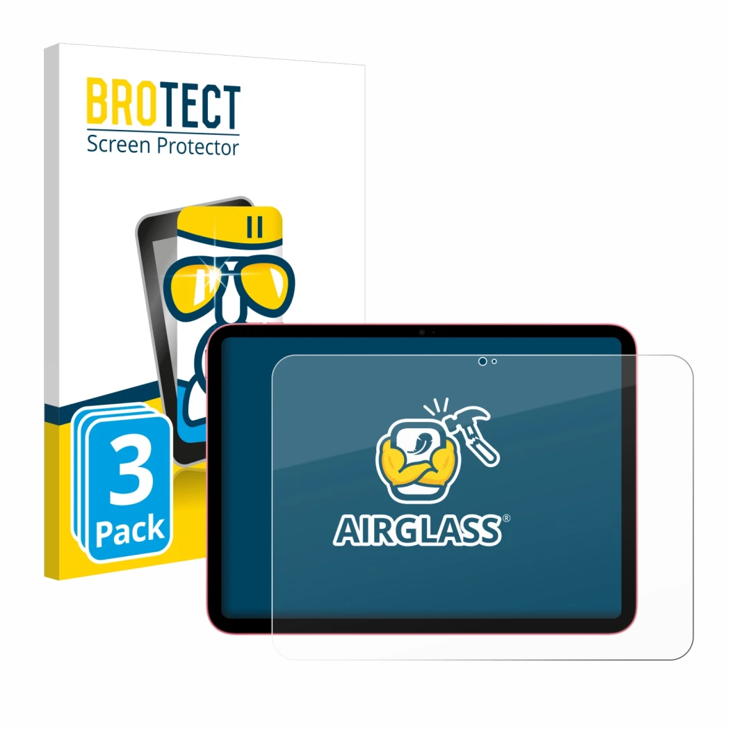 Face avant d’un emballage produit avec le logo de la marque BROTECT. À côté, l’appareil Apple iPad 10.9