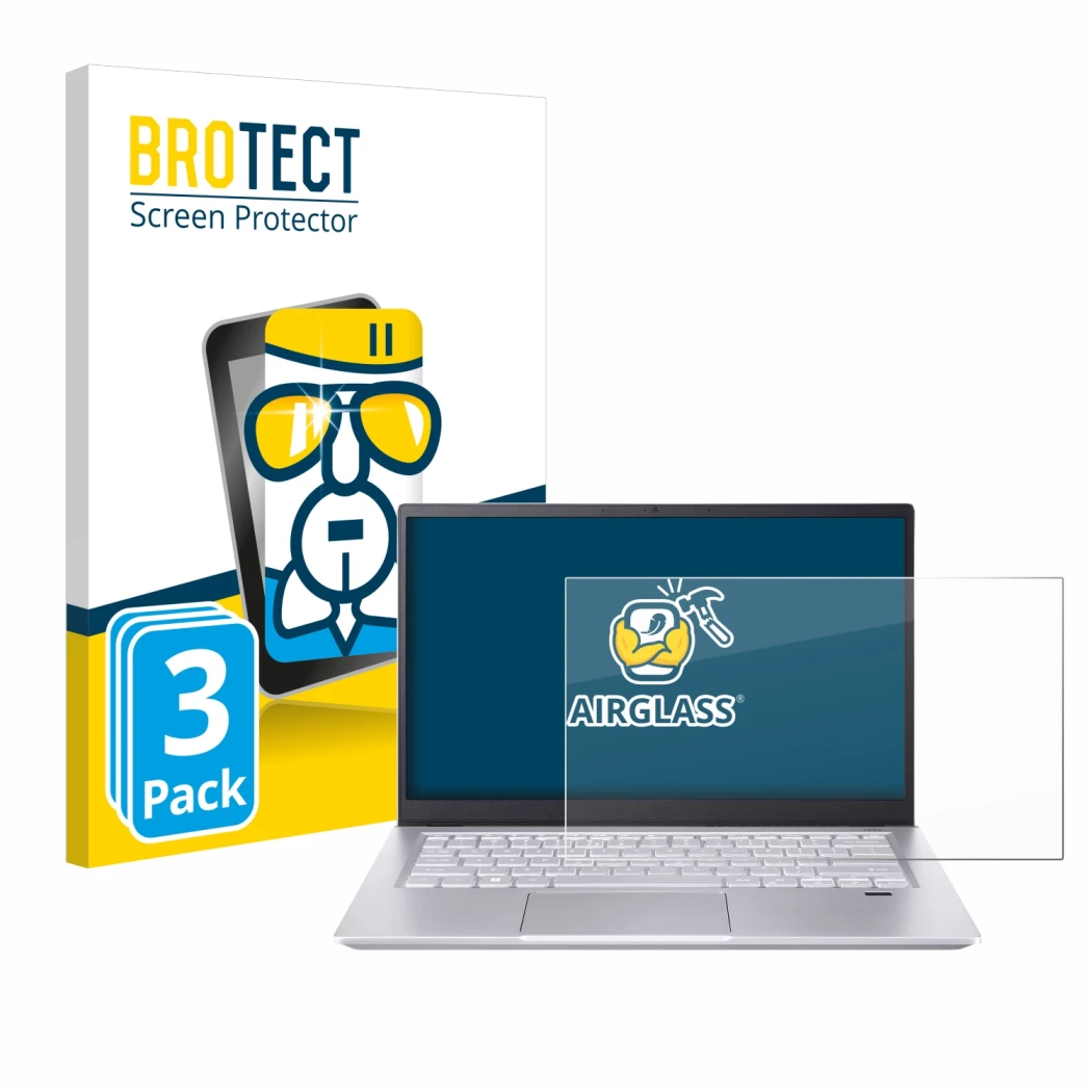 Face avant d’un emballage produit avec le logo de la marque BROTECT. À côté, l’appareil Acer Swift X 14 SFX14-72G Non-Touch es