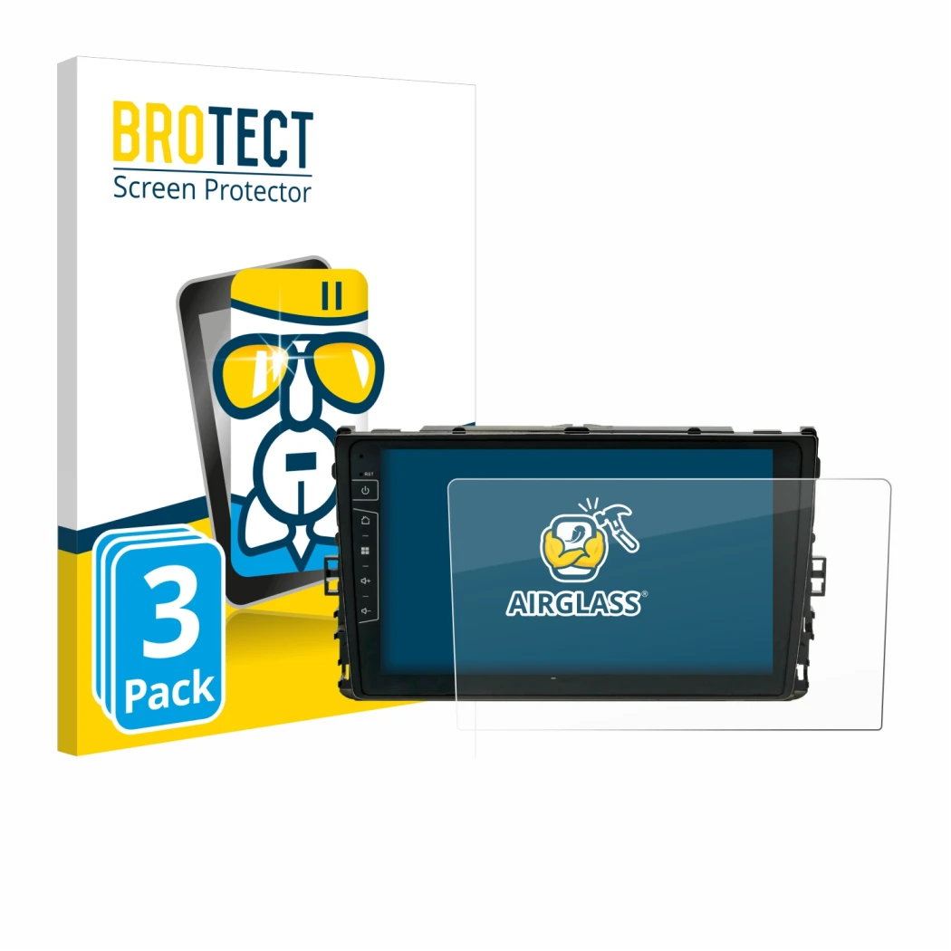 Face avant d’un emballage produit avec le logo de la marque BROTECT. À côté, l’appareil Dynavin D9-T6 est représenté avec la p