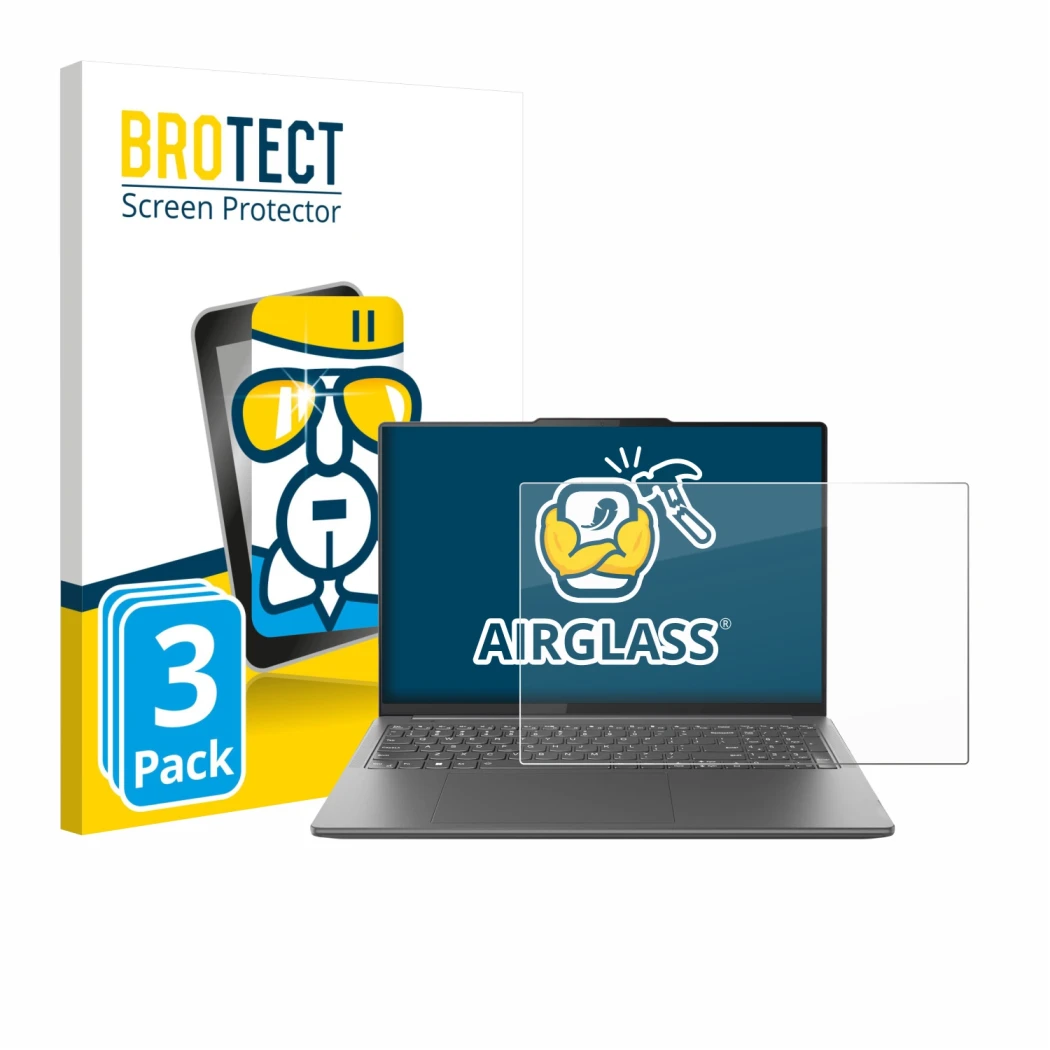 Face avant d’un emballage produit avec le logo de la marque BROTECT. À côté, l’appareil Lenovo Yoga Pro 9i Gen 9 16