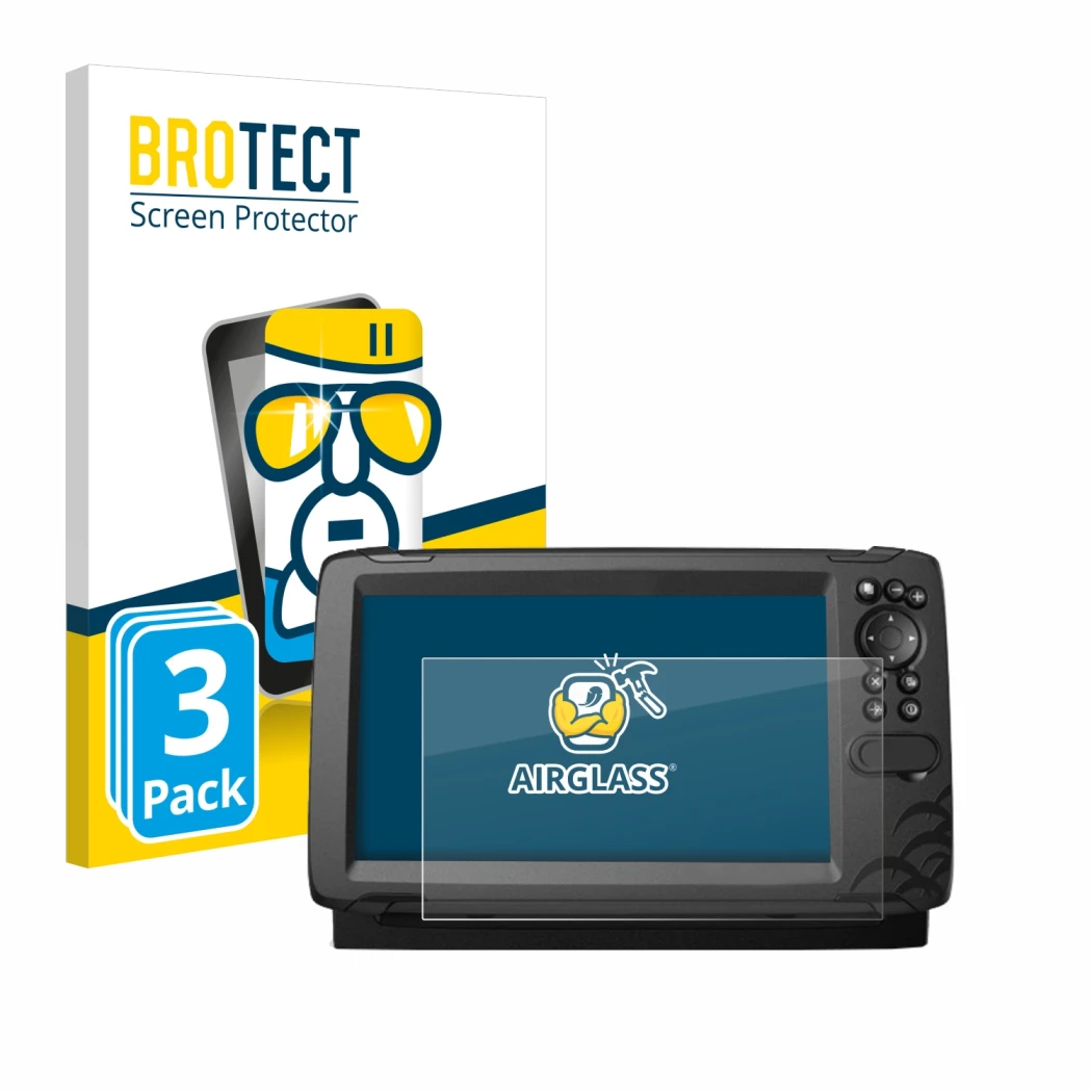 Face avant d’un emballage produit avec le logo de la marque BROTECT. À côté, l’appareil Lowrance HOOK Reveal 9 est représenté 