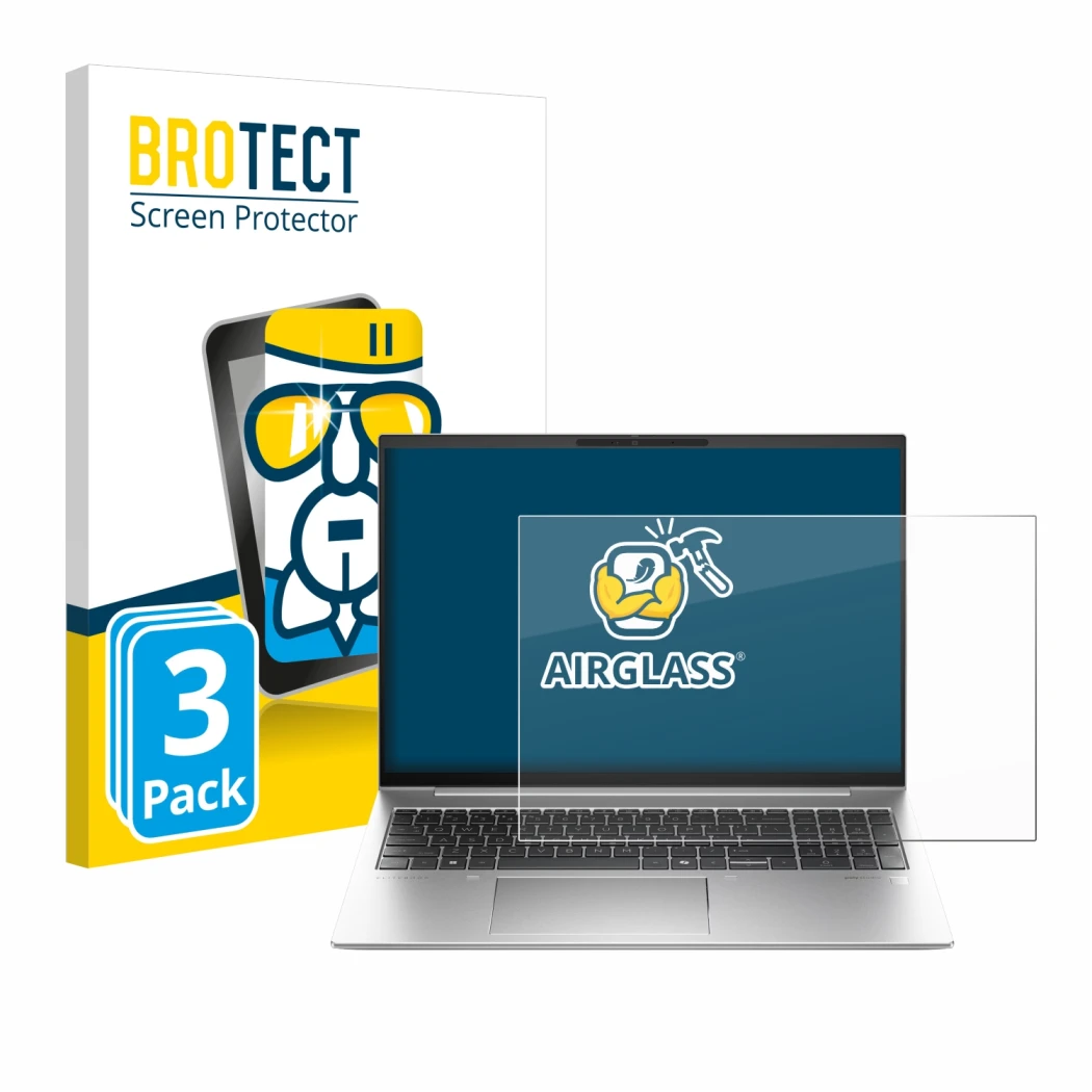 Face avant d’un emballage produit avec le logo de la marque BROTECT. À côté, l’appareil HP EliteBook 860 G11 est représenté av