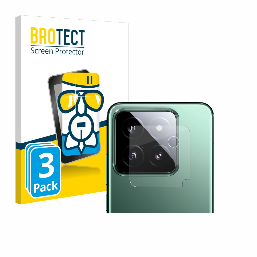 Face avant d’un emballage produit avec le logo de la marque BROTECT. À côté, l’appareil Xiaomi 14 (Caméra UNIQUEMENT) est repr