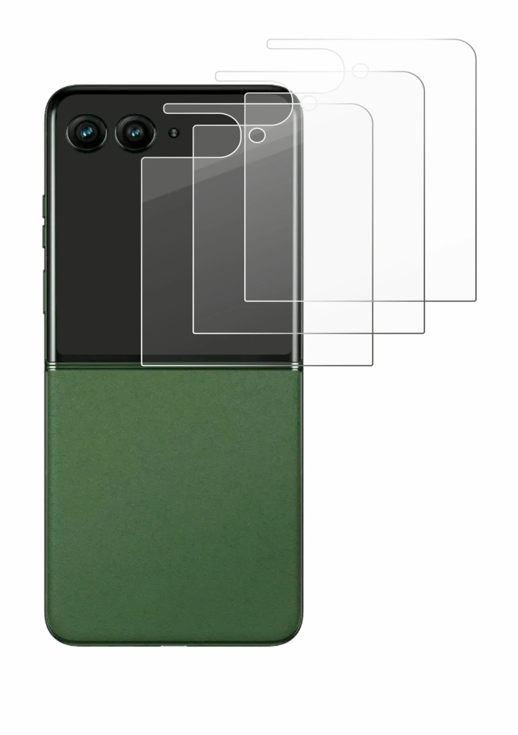 Image de l'appareil Motorola Razr 50 Ultra (Affichage arrière) avec une grande variété de protections d'écran.