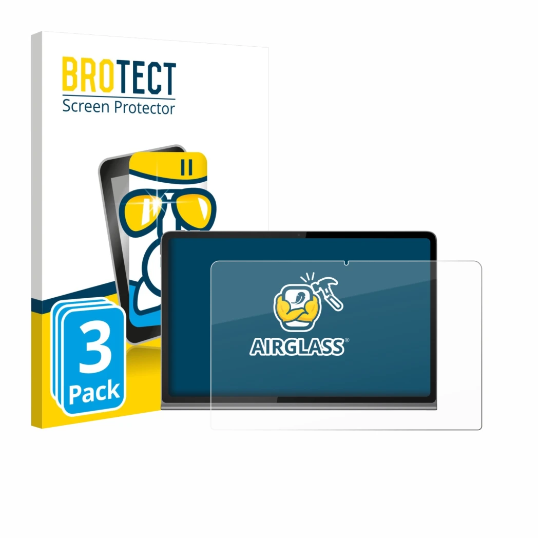 Face avant d’un emballage produit avec le logo de la marque BROTECT. À côté, l’appareil Lenovo Tab Plus est représenté avec la