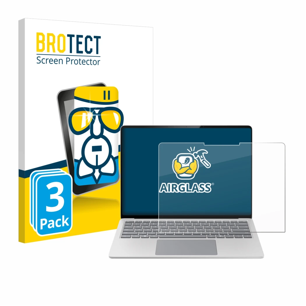 Face avant d’un emballage produit avec le logo de la marque BROTECT. À côté, l’appareil Microsoft Surface Laptop 7 15